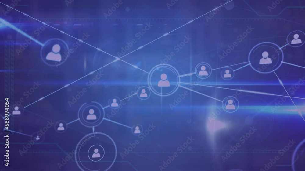 Animation of network of profile icons and light trails against blue background Animation of network of profile icons and light trails against blue background