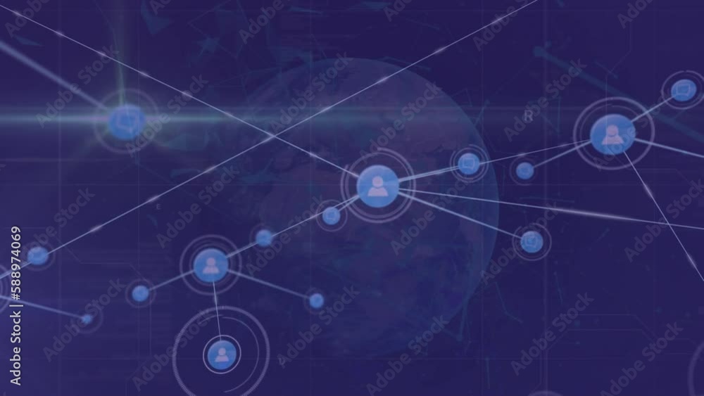 Animation of network of digital icons and light spot over globe against blue background Animation of network of digital icons and light spot over globe against blue background