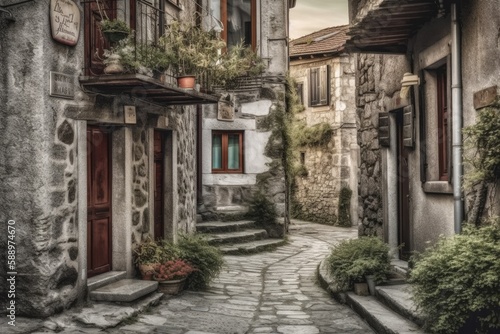 charming cobblestone street in a quaint village. Generative AI © 2rogan