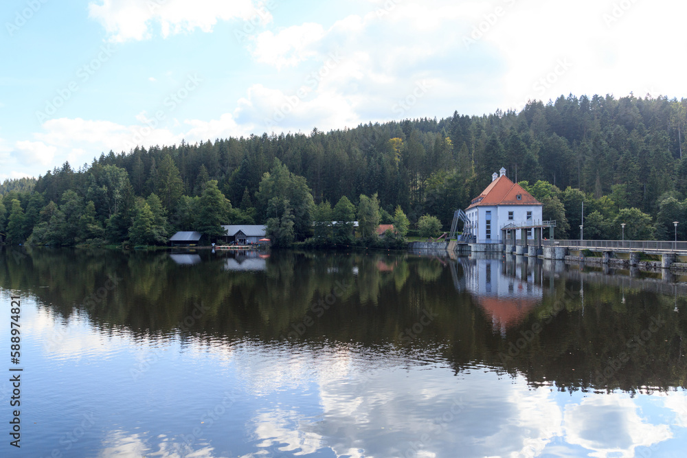 Reservoir Höllensteinsee with Run-of-the-river hydroelectricity power station near Viechtach in Bavarian Forest, Germany Reservoir Höllensteinsee with Run-of-the-river hydroelectricity power station near Viechtach in Bavarian Forest, Germany