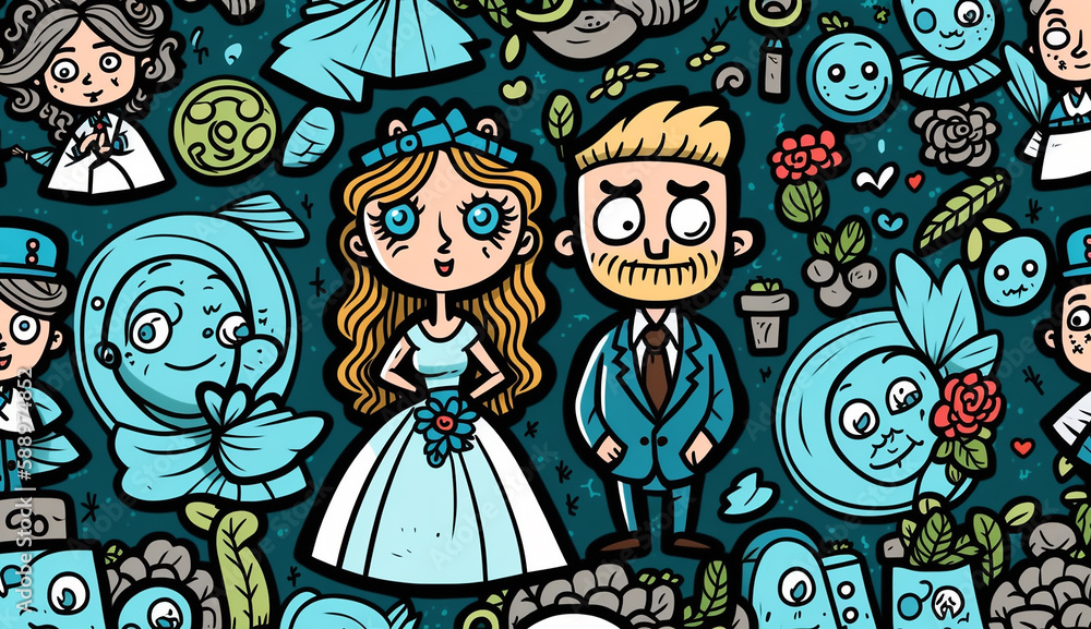 Cartoon cute doodles wedding Generative AI