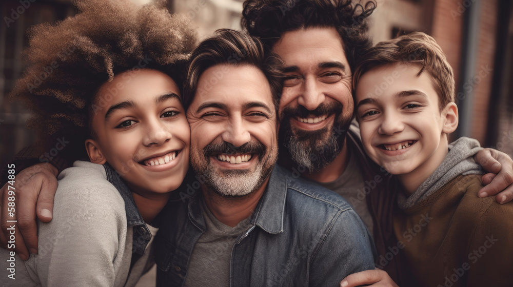An image of a loving LGBT family, with two gay parents and their adopted children, smiling and embracing each other, against a warm and welcoming background. Generative AI An image of a loving LGBT family, with two gay parents and their adopted children, smiling and embracing each other, against a warm and welcoming background. Generative AI