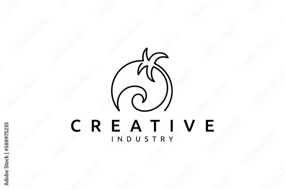 wave logo with palm tree and sun minimalist continuous line style wave logo with palm tree and sun minimalist continuous line style