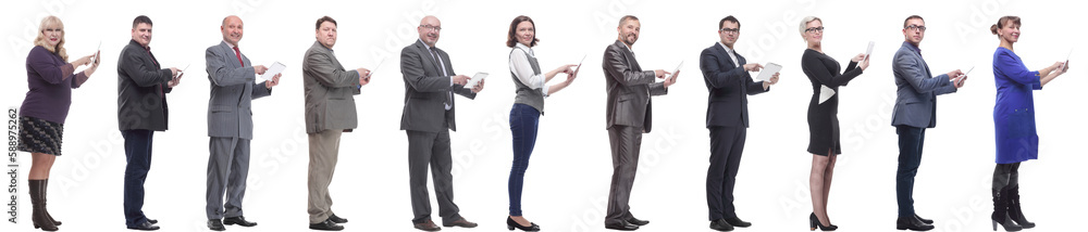 group of people demonstrating tablet looking at camera group of people demonstrating tablet looking at camera