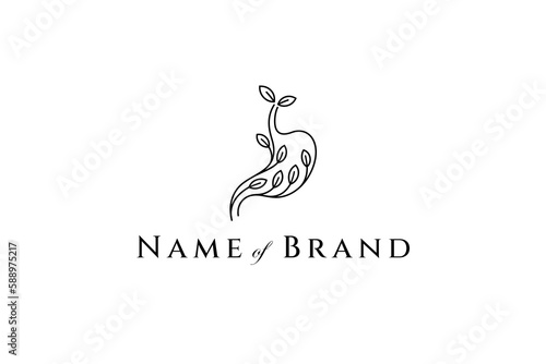 Stomach logo with leaf variation in simple line design style. Digestive health, ulcer medicine, health clinic and herbal medicine vector icon