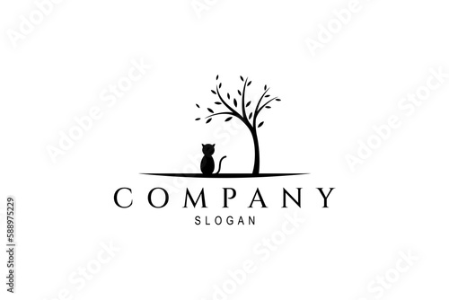 Cat sitting in the shade of a tree flat logo vector illustration