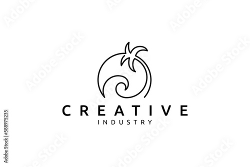 wave logo with palm tree and sun minimalist continuous line style