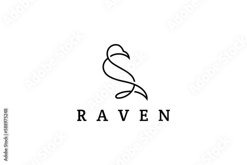 Crow logo with simple continuous line design. Raven line art vector icon
