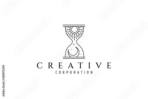 hourglass logo with sun and moon inside inside. Day and night vector icon line art bohemian design style