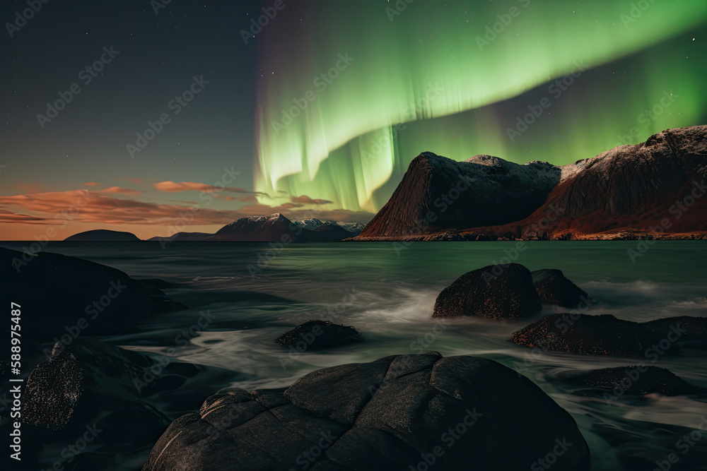 Scenic landscape of aurora over rocky seashore in Norway. Generative AI