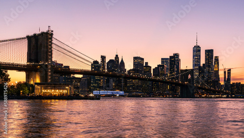 New York City Brooklyn Bridge and Lower Manhattan at Sunset photo