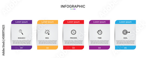info graphic template vector. 5 options concept, with bright color squares. vector illustration