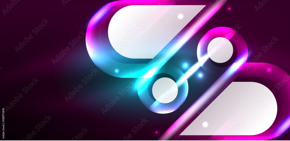 Neon glowing geometric shapes vector abstract background. Round elements, light effects and glass glossy style with color backdrop. Space cosmic or magic energy wallpaper Neon glowing geometric shapes vector abstract background. Round elements, light effects and glass glossy style with color backdrop. Space cosmic or magic energy wallpaper