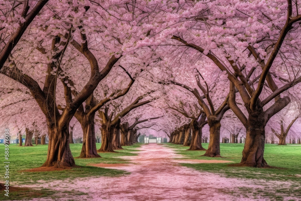 beautiful spring pathway with blooming pink trees in a park. Generative AI beautiful spring pathway with blooming pink trees in a park. Generative AI