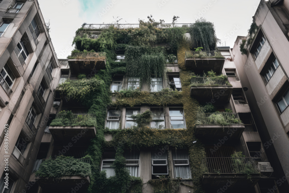 Green building with vertical garden. Generative AI