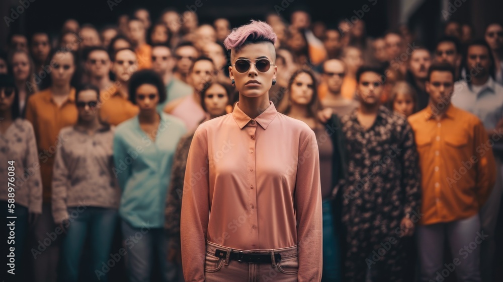 Person with a non-binary gender identity standing tall and proud, surrounded by a supportive community. Generative AI