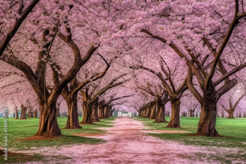 beautiful spring pathway with blooming pink trees in a park. Generative AI