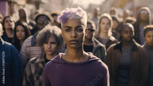 Person with a non-binary gender identity standing tall and proud, surrounded by a supportive community. Generative AI