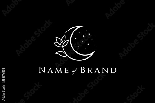 crescent moon logo with beautiful rose flower combination decorated with sparkling stars