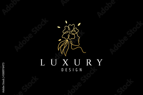 natural beauty logo on a woman with flowers in her ears in one line design concept
