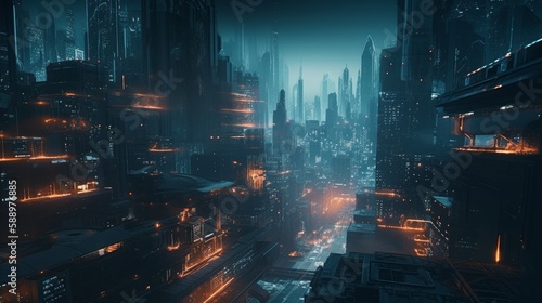 The Futuristic Cyberpunk Cityscape Generated by Neural Networks: A Night of Dark Digital Art and Blue Neon Lights for Business and Technology, Generative AI