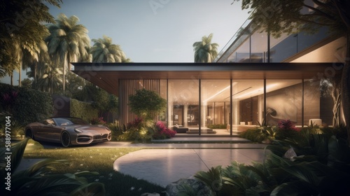 Experience Tropical Luxury at a Palatial Home with Private Botanical Garden & Zero-Emission Suprfd in California or Florida, Generative AI © Georgy