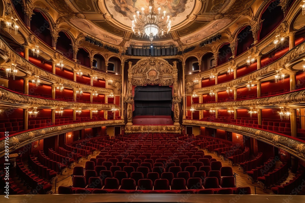 Obraz premium Luxury opera interior décor in golden retro splendor, generative ai