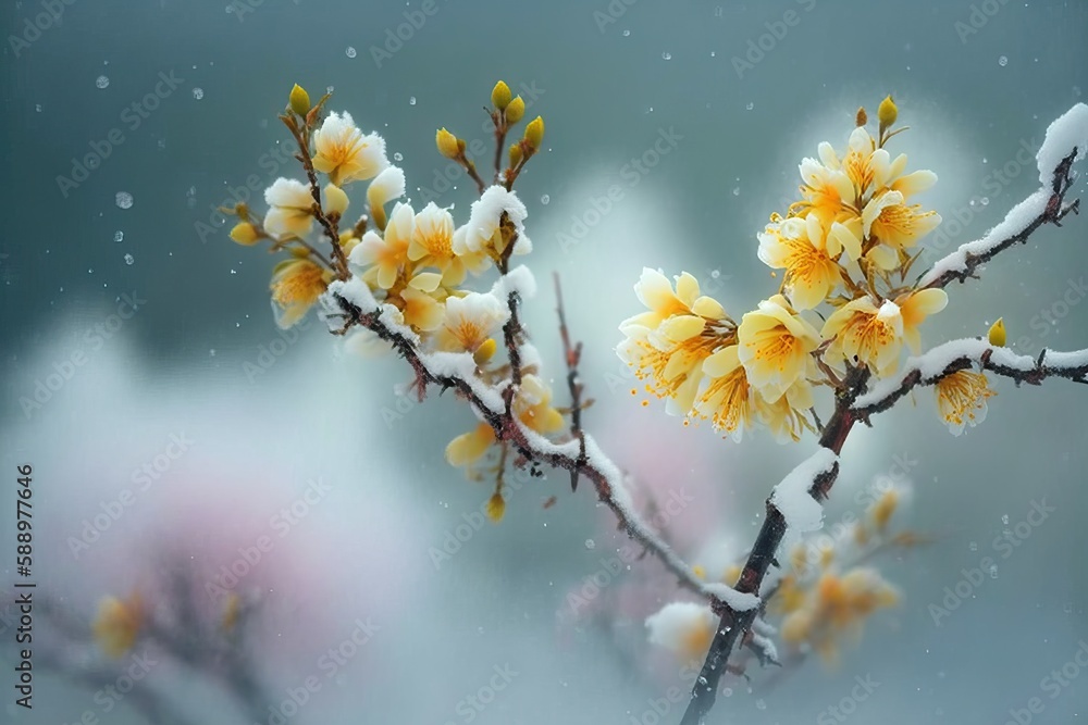 Tree blossoms on a snow day, generative ai
