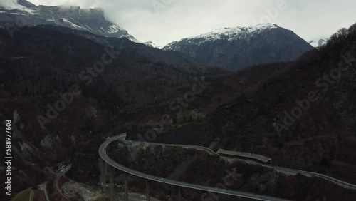 Aerial of the A40 highway on the Égratz viaduct, french Alps. Important for transportation going to Italy through the Mont Blanc tunnel and several ski resorts.