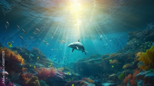 Experience the Wonders of the Underwater World in Ultra HD: Dolphins, Sharks, Coral, and More Frolicing in Stunning Detail & Vibrant Colors, Generative AI © Georgy