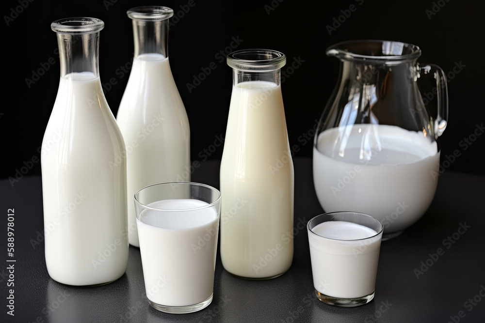 Glass containers with milk. Generative AI