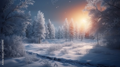 a winter landscape covered in snow with glowing light
