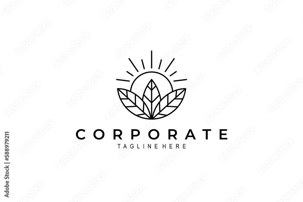fresh leaf logo on shining sun background in line art design style