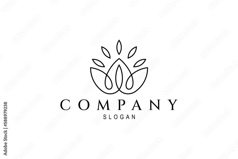 lotus flower logo with leaf decoration on it in linear design style concept