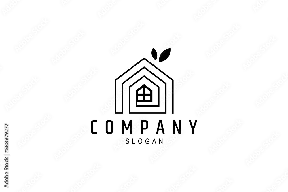 house logo with a simple design decorated with leaves gives a cool impression to the house