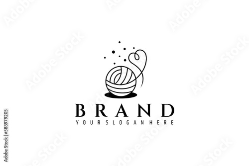 wool ball logo with heart-shaped yarn, decorated with water bubbles in line art design style