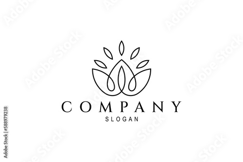lotus flower logo with leaf decoration on it in linear design style concept