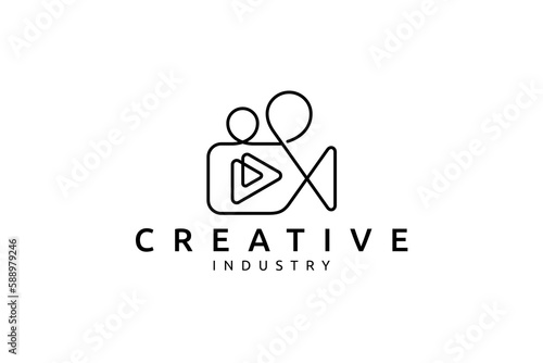 vintage old film camera logo with linear design style combined with play start button inside