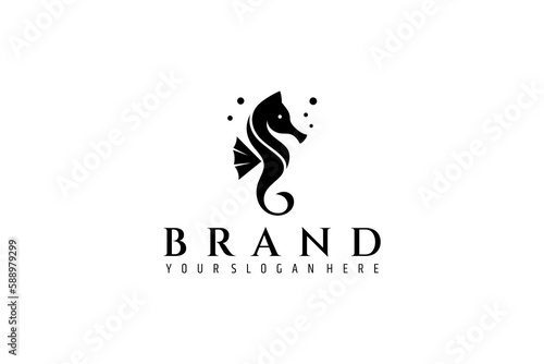 seahorse silhouette logo with water bubble decoration in simple flat design style