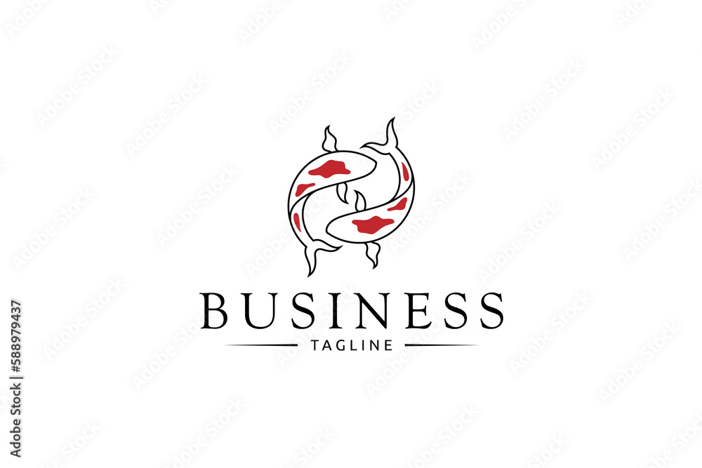 circular koi fish couple logo with red motif in simple flat design style