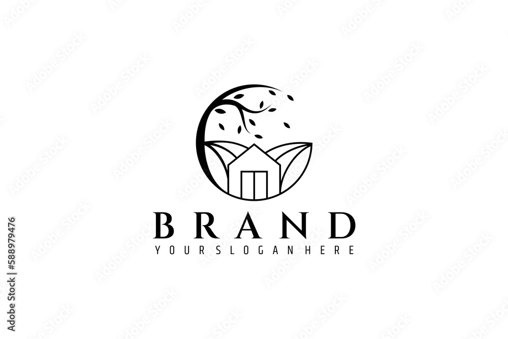 house and tree logo with hill background in circle frame house and tree logo with hill background in circle frame