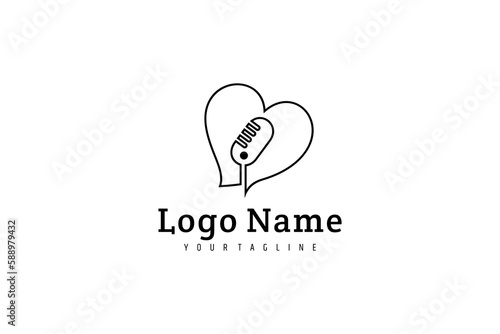 heart or love logo with podcast or recording mic in continuous line design style