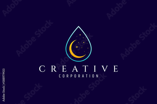 water drop logo with crescent moon and stars decoration inside