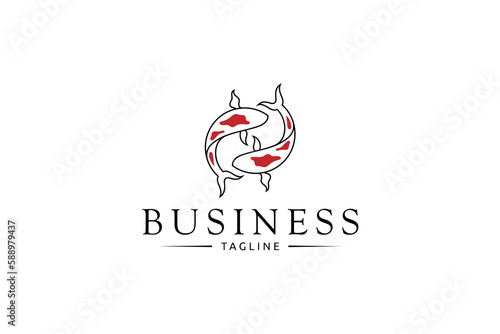 circular koi fish couple logo with red motif in simple flat design style