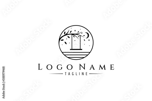 swing logo hanging on tree branch at night decorated with crescent moon and stars in circle frame