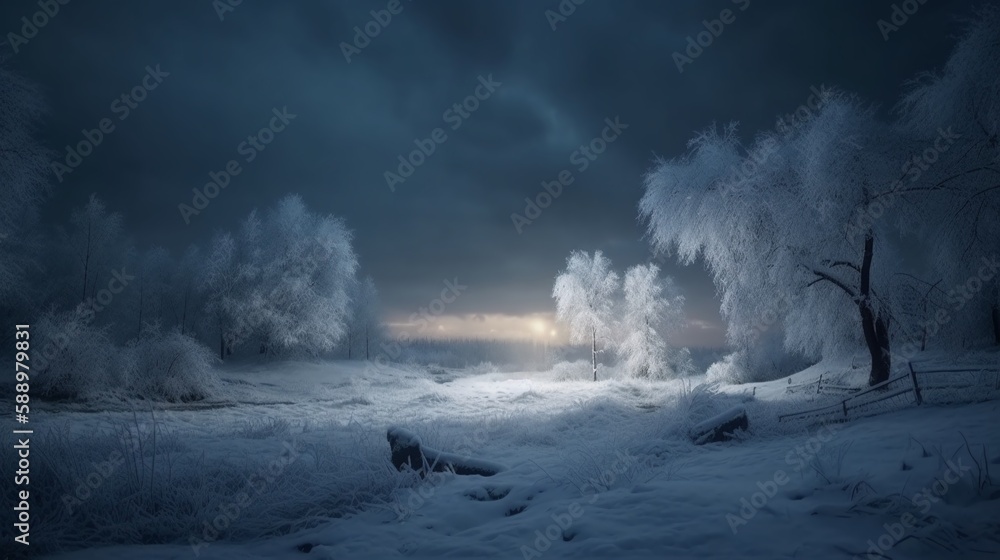 a winter landscape covered in snow with glowing light