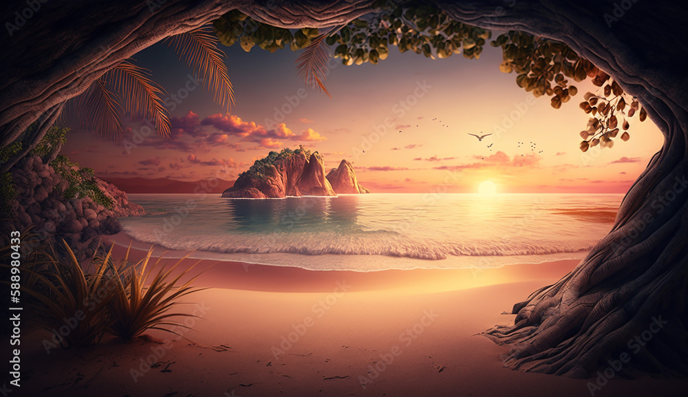 sunset in cave with view of the ocean and beach. Generative AI