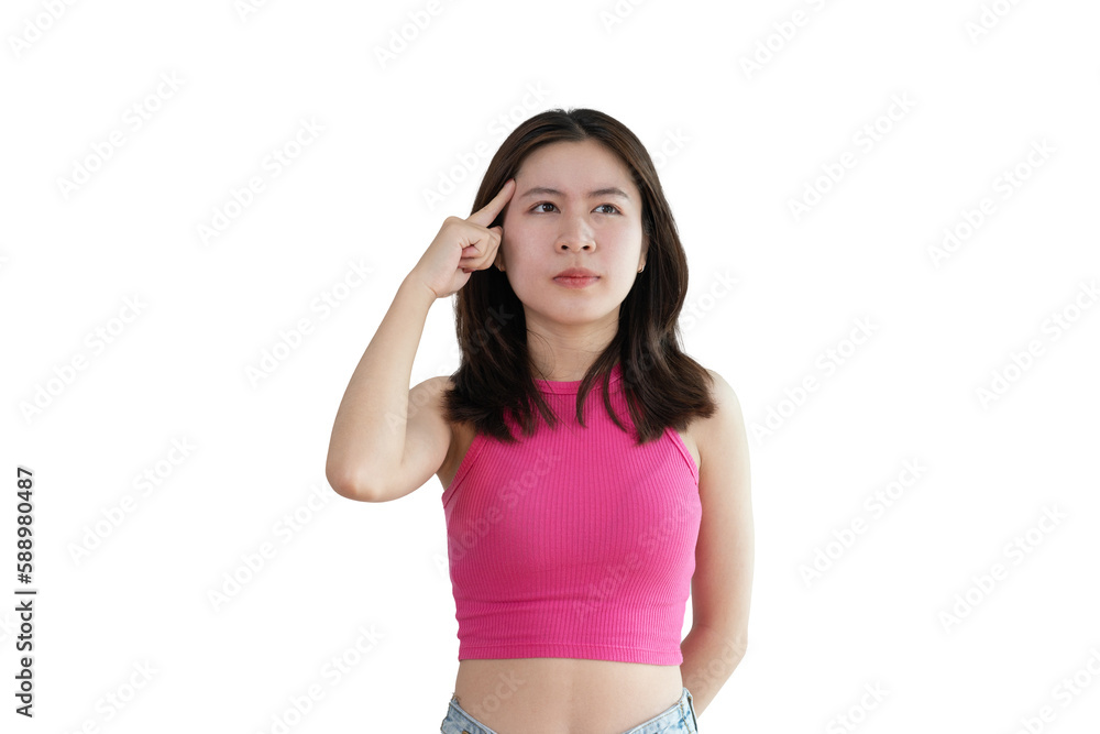 Young Asian woman thinking hard or planning to do something, Overthinking or worrying, Have a headache, Migraine, Stress, Free space for advertising or promoting products, Copy space, Enter text. Young Asian woman thinking hard or planning to do something, Overthinking or worrying, Have a headache, Migraine, Stress, Free space for advertising or promoting products, Copy space, Enter text.