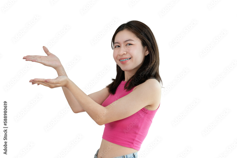 Asian woman with holding copyspace imaginary on the palm to insert an ad, Showing copyspace pointing, Showing her hand to present something on png file. Asian woman with holding copyspace imaginary on the palm to insert an ad, Showing copyspace pointing, Showing her hand to present something on png file.
