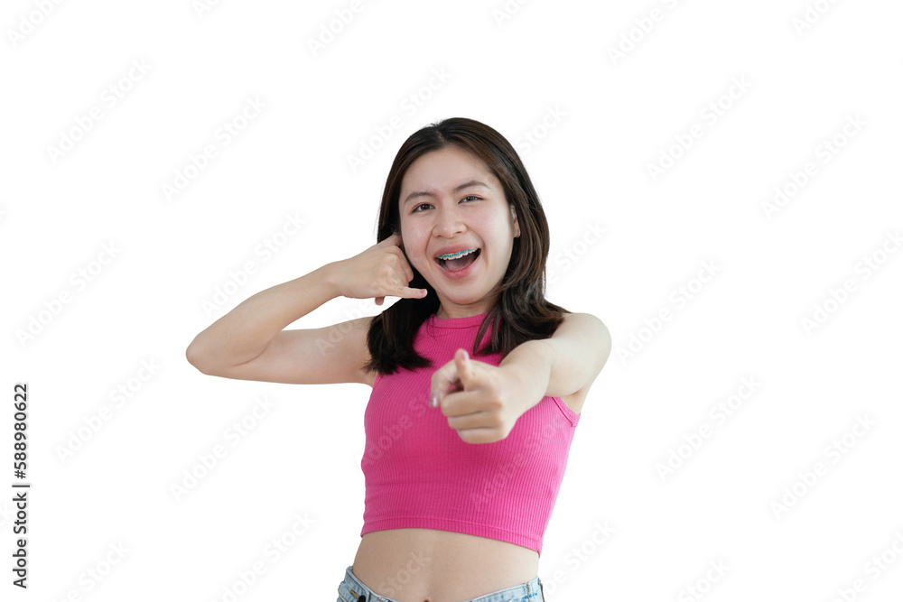 Call sign, Bright young asian woman inviting to call isolated on background, Suggest to call or invite to apply for membership, Isolated on PNG file... Call sign, Bright young asian woman inviting to call isolated on background, Suggest to call or invite to apply for membership, Isolated on PNG file...